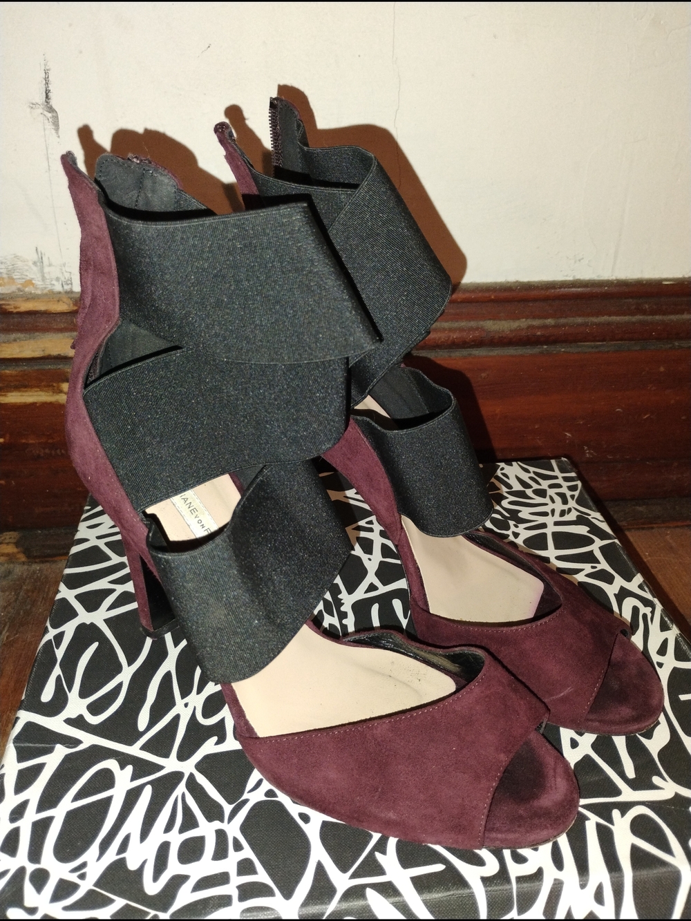 Diane Von Furstenberg Burgundy Suede Peep-Toe Heels with Black Elastic Straps